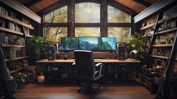 workspace computer wood background photo