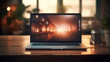 illuminted laptop screen on a desk photo