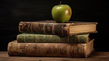 worn stack of books with apple photo