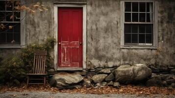 rustic house with red door photo