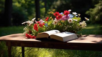 lush open book on table photo