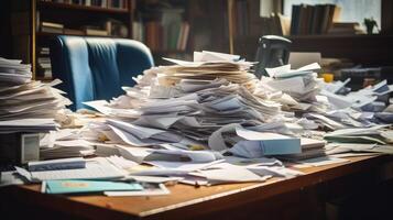 disarray stack of papers on desk photo