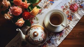 cup table with tea top view photo