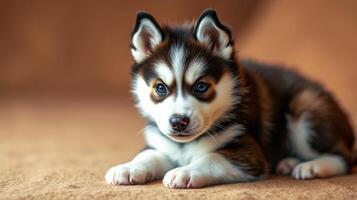 Cute husky puppy lying on soft surface indoors with a curious expression on its face photo