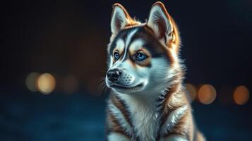 Beautiful husky puppy gazing into the distance with soft bokeh lights in the background during nighttime photo