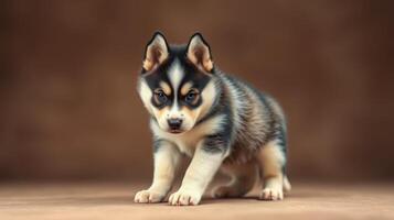 Cute husky puppy sitting quietly on a plain background, showcasing its striking blue eyes and fluffy fur in a studio setting photo