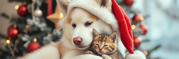 Festive gathering of a dog and a kitten in holiday attire near a decorated Christmas tree photo
