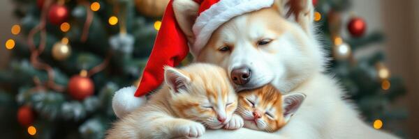 Cute pets celebrate Christmas wearing festive hats near a decorated tree with colorful lights photo