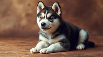 Adorable puppy rests peacefully on a wooden surface with a warm, neutral background photo
