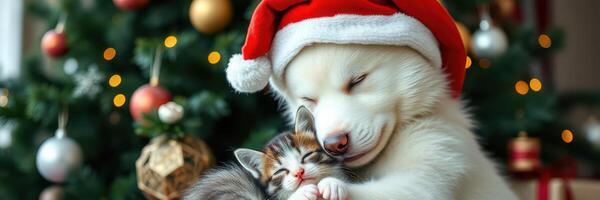 Cute dog wearing a Santa hat cuddles with a kitten in front of a decorated Christmas tree photo