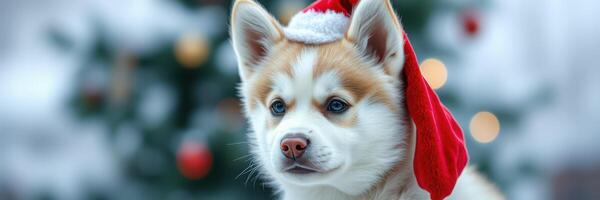 Cute puppy wearing a Santa hat celebrates Christmas near a decorated tree in a joyful winter setting photo
