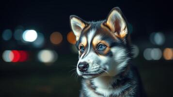 Cute husky puppy with striking blue eyes looking away during nighttime against a blurred city background photo