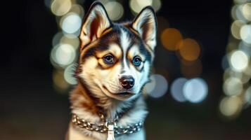 Beautiful husky puppy with blue eyes enjoying a night walk under string lights photo