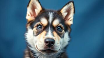 Cute puppy with striking blue eyes looking directly at the viewer in a vibrant blue background photo