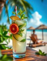 Refreshing cocktail garnished with mint and citrus on a tropical beach during a sunny day photo
