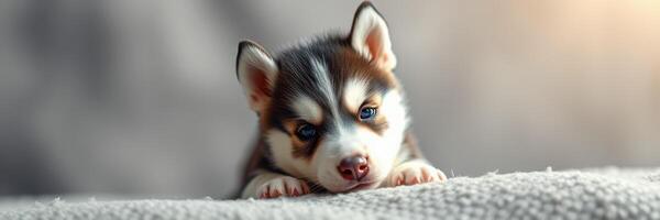 Curious husky puppy resting on soft blanket with warm light in cozy indoor space photo