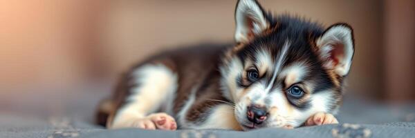 Cute husky puppy resting on soft bedding in cozy indoor setting during afternoon photo