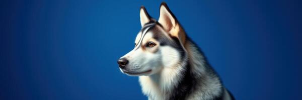Husky dog poses in front of a solid blue background showcasing its striking features and intelligent expression in a studio setting photo