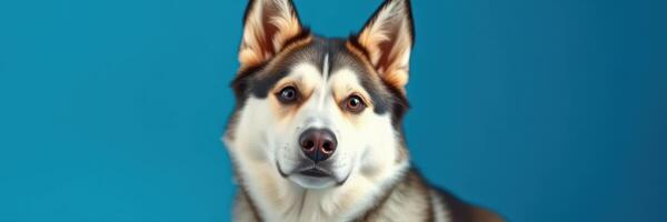 Dog with distinct fur patterns poses in front of a bright blue backdrop during a photoshoot session photo