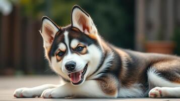 Happy husky resting outdoors in a sunny garden during the afternoon with a playful expression photo