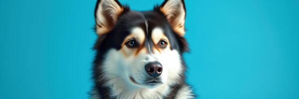 Black and white dog in front of a bright blue background looking directly at the camera with an expressive gaze and attentive posture photo