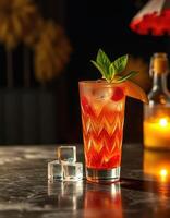 Colorful cocktail garnished with mint and fruit served on a marble table in a cozy evening setting photo