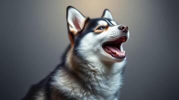 Husky dog standing with mouth open and expressive gaze in a studio with soft lighting photo