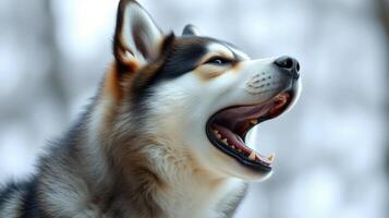 Majestic husky howling in a snowy forest during the early morning light photo