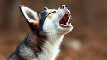 Husky puppy howling in a forest during early morning light, showcasing natural beauty and serenity photo
