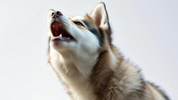 Husky howls against a clear sky during a bright daytime in an open field photo