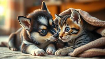 Cute puppy and kitten cuddling together on a soft blanket indoors during the afternoon light photo