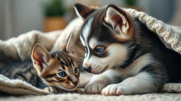 Cute puppy and kitten snuggle together under a cozy blanket in a warm indoor setting during the morning light photo
