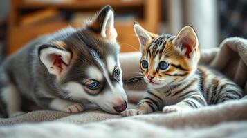 Two adorable pets interact in a cozy indoor setting on a soft blanket during a sunny afternoon photo