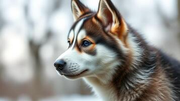 Siberian Husky puppy exploring a snowy landscape during a winter afternoon in nature photo