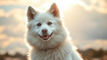 Samoyed dog enjoys a sunlit afternoon in a natural outdoor setting photo