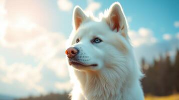 Beautiful white dog gazes at the horizon in a serene natural setting during golden hour photo