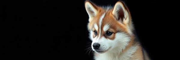 Cute corgi puppy with fluffy fur and expressive eyes against dark background photo