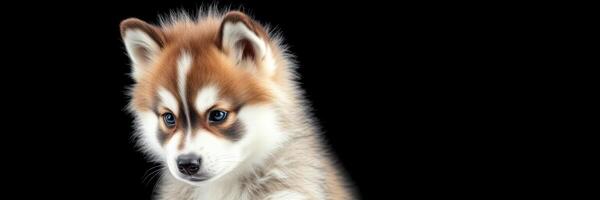 Fluffy dog with striking facial markings posing against a dark background in a studio setting photo