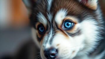 Cute husky puppy with striking blue eyes relaxing indoors in warm lighting photo