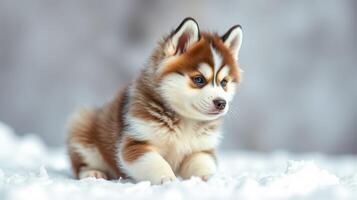 Fluffy puppy plays in the snow during winter, showcasing its playful spirit and vibrant fur patterns photo