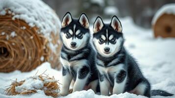 Two playful husky puppies sitting together in a snowy landscape near hay bales during winter photo
