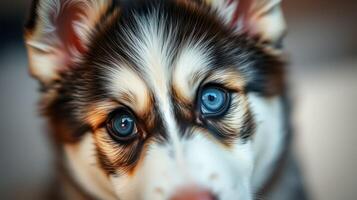Cute husky puppy with striking blue eyes looking directly at the camera in a cozy setting photo