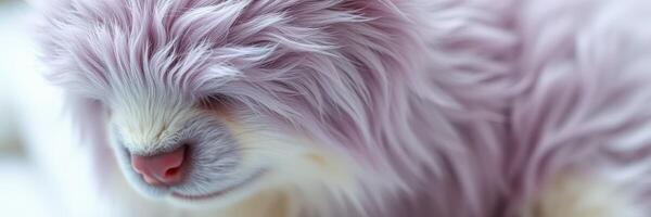 Cute fluffy pet with soft purple fur relaxing in a cozy indoor space during the early morning photo