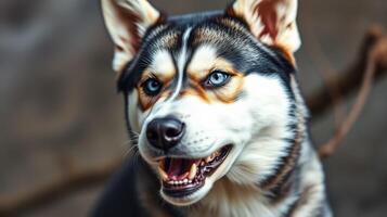 Siberian husky with striking blue eyes enjoys outdoor adventure in natural setting during golden hour photo