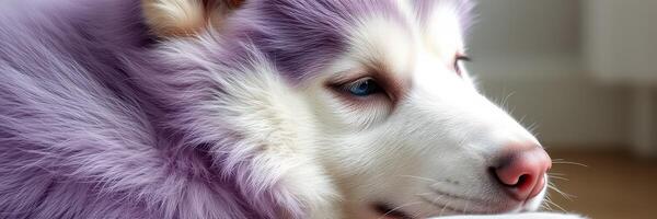 Cute husky with purple fur resting indoors in a cozy setting with natural light photo