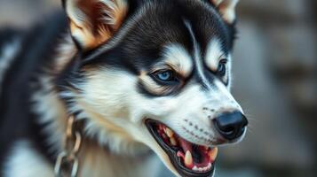 Close-up of a husky dog with striking blue eyes displaying a playful expression in an outdoor setting during daytime photo