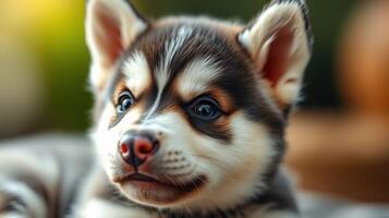 Cute small puppy with striking fur and expressive eyes enjoys a sunny day outdoors in a natural setting photo