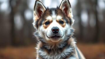 Siberian husky sitting calmly in a forest during a misty autumn morning photo