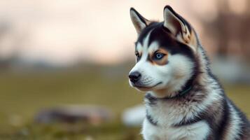 Siberian husky puppy sitting on grass during sunset in a park photo
