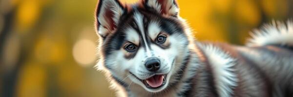 Cute husky puppy playing in a sunny park on a warm afternoon surrounded by vibrant colors of nature photo